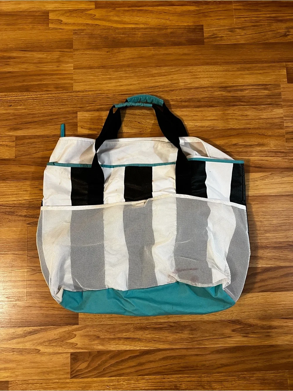 Black & White Stripe Tote with Teal Accent - Women's Bag